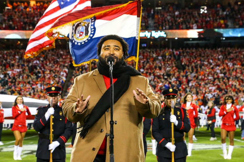 Singer/songwriter Matthew Johnson from The Voice singing the National Anthem prior to an NFL football game against the Denver Broncos, Sunday, December 5, 2021 in Kansas City.