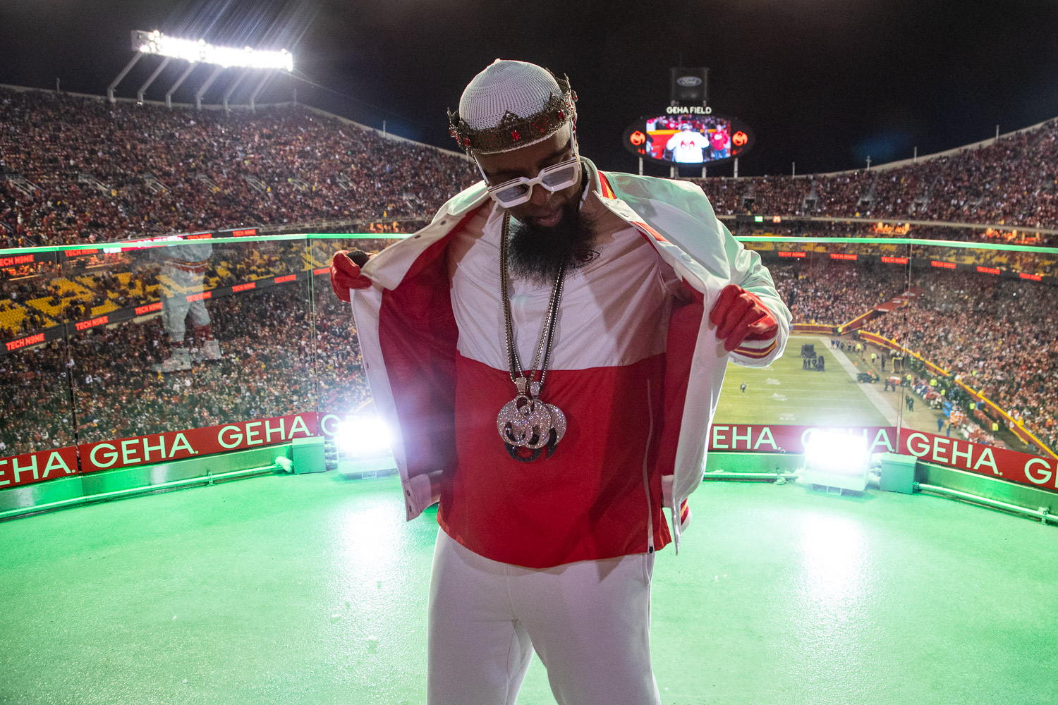 Tech N9ne performing during halftime of the wildcard playoff football game between the Kansas City Chiefs and the Pittsburgh Steelers, Sunday, January 16, 2022 in Kansas City.