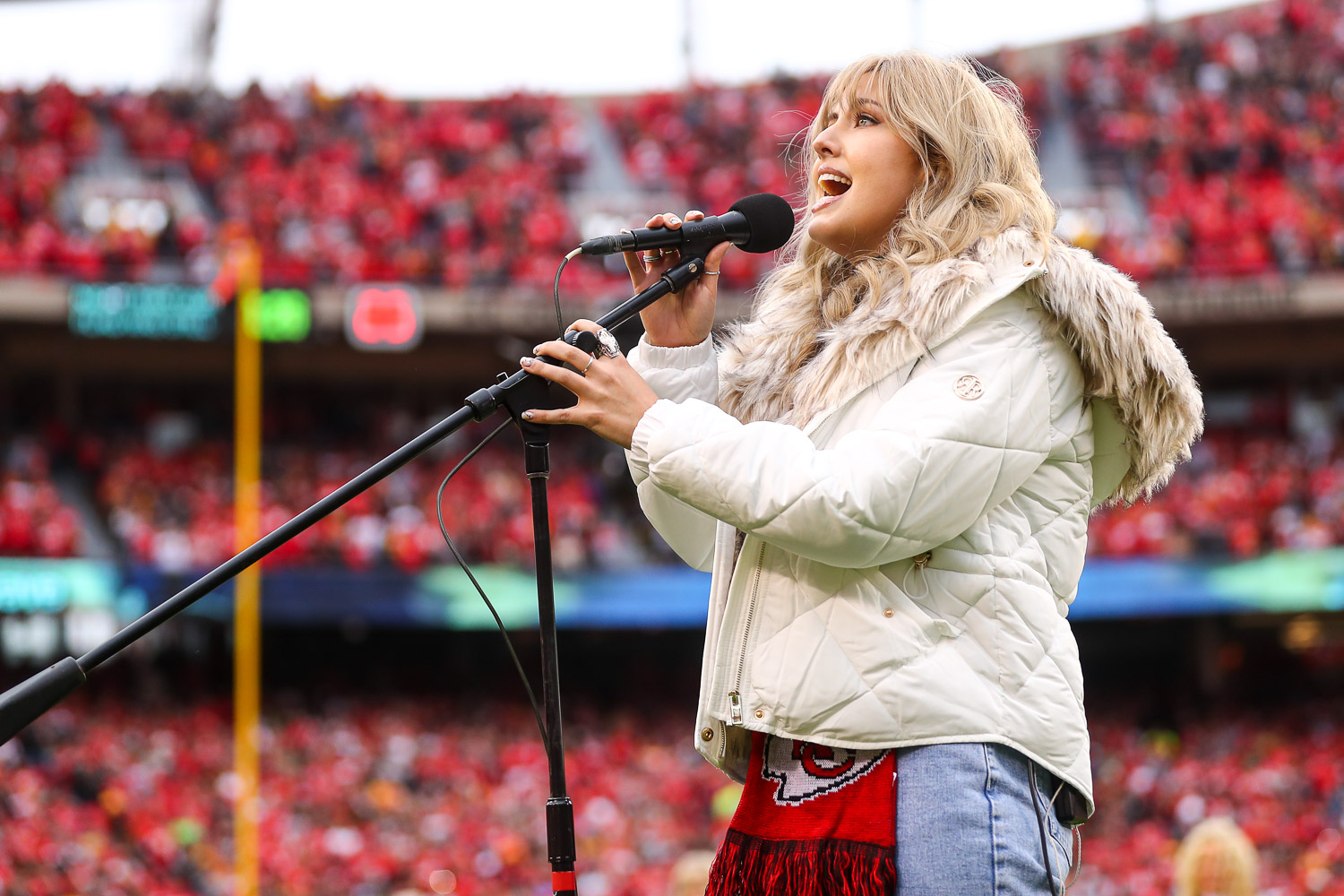 Madelyn Jarmon sings the National Anthem prior to an NFL football game against the Pittsburgh Steelers, Sunday, December 26, 2021 in Kansas City.