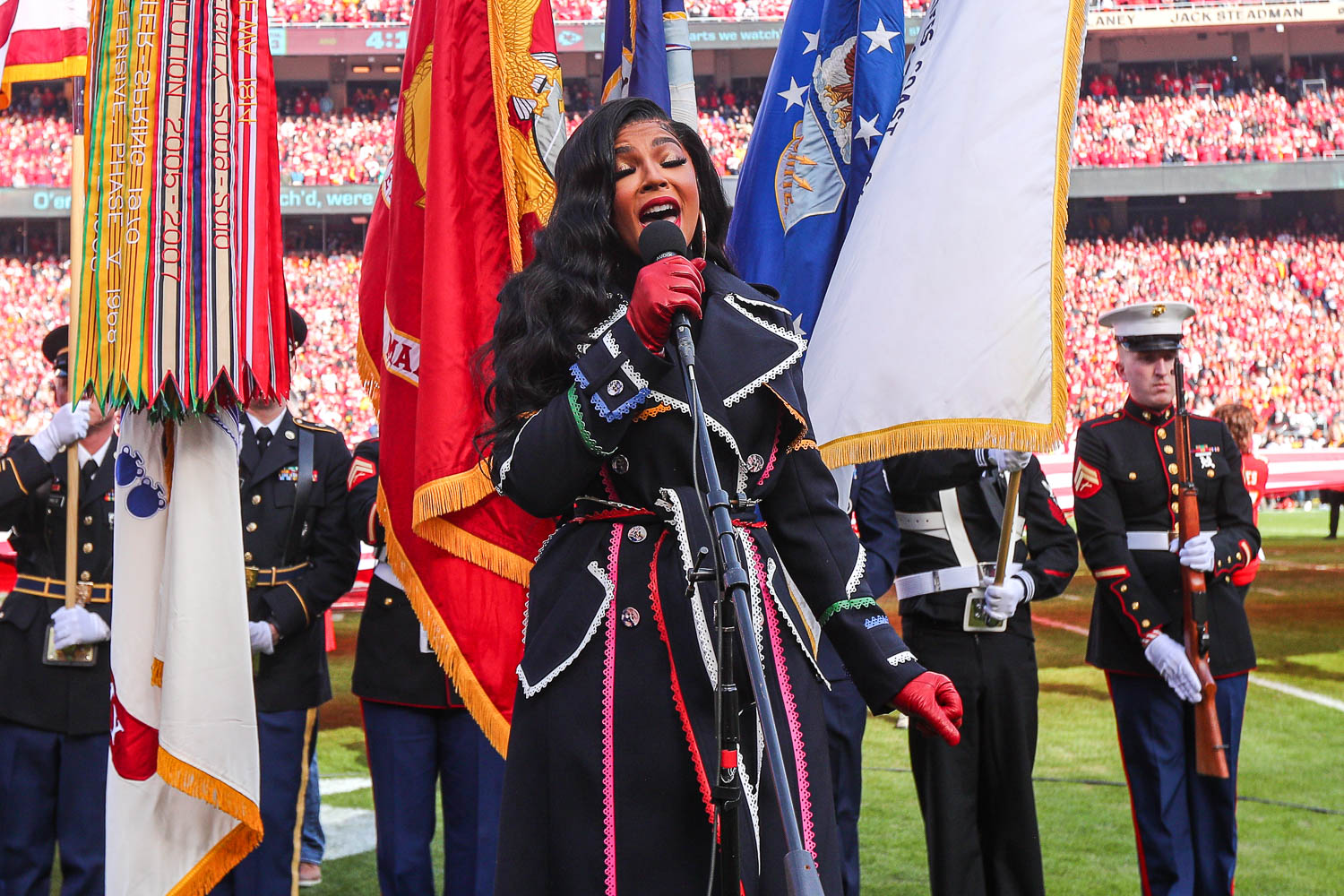 Ashanti singing the National Anthem prior to the AFC Championship football game against the Cincinnati Bengals, Sunday, January 30, 2022 in Kansas City.