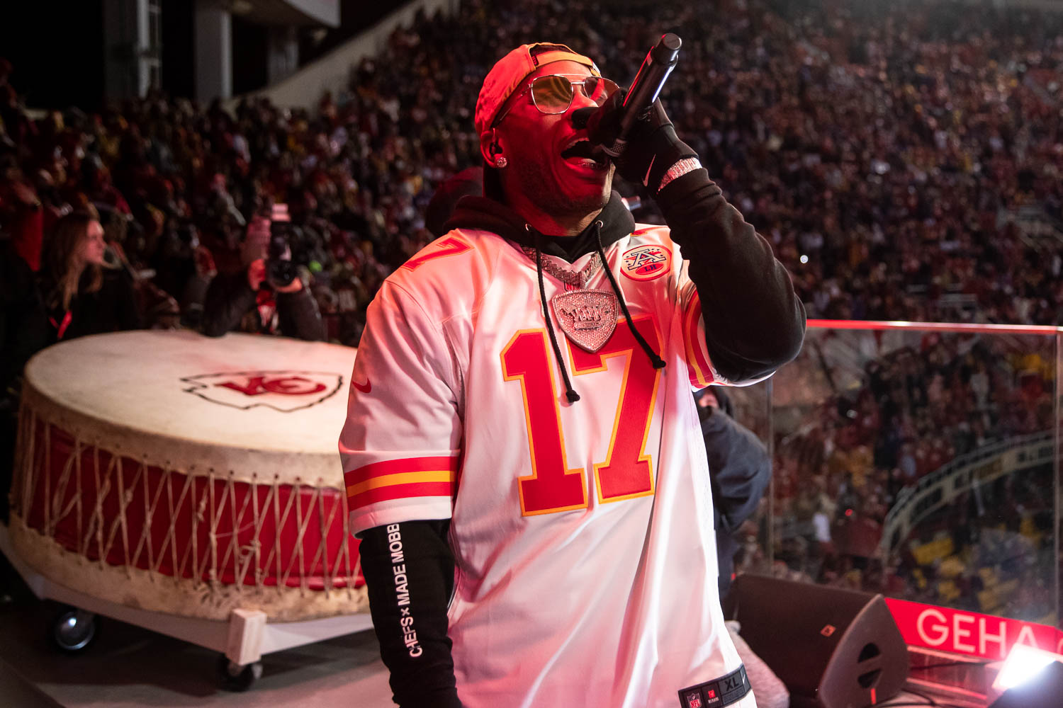 Nelly performing at halftime during the divisional playoff football game between the Kansas City Chiefs and the Buffalo Bills, Sunday, January 23, 2022 in Kansas City.