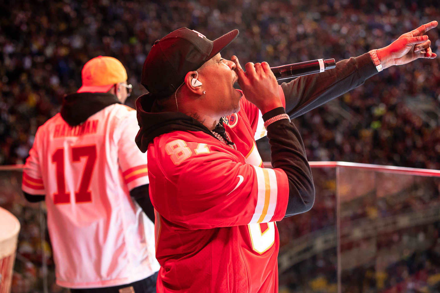 City Spud performing with Nelly at halftime during the divisional playoff football game between the Kansas City Chiefs and the Buffalo Bills, Sunday, January 23, 2022 in Kansas City.