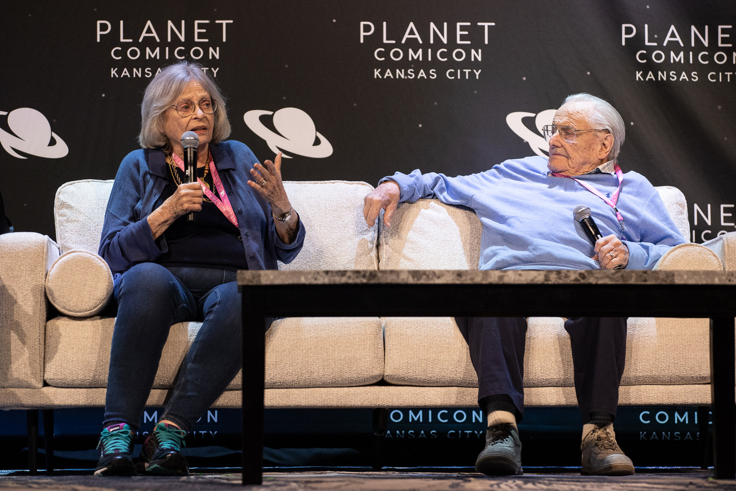 Bonnie Bartlett and William Daniels during a panel on Friday at the 2023 Planet Comicon in Kansas City, Missouri on March 17, 2023.