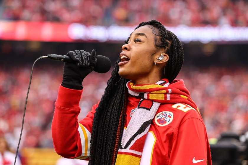 Season 15 winner of 'The Voice' Kennedy Holmes sings the national anthem prior to an NFL football game against the Los Angeles Rams Sunday, November 27, 2022 in Kansas City.