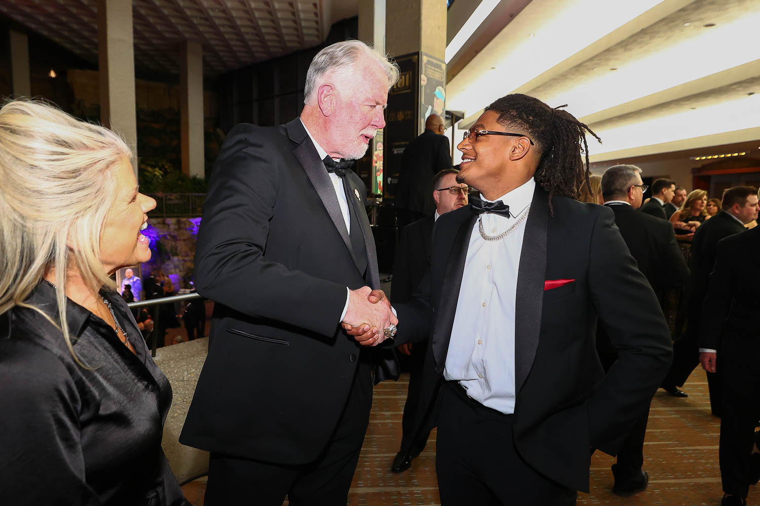 Former Chiefs player Dave Lindstrom with Mack Lee Hill Award recipient Kansas City Chiefs running back Isiah Pacheco during the 53rd annual 101 Awards at The Westin Crown Center in Kansas City, Missouri on Saturday, February 25, 2023.